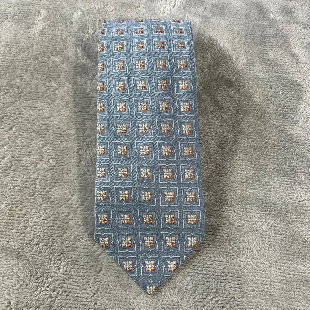 Ermenegildo Zegna Silk Tie Men Blue Gray Geometric Medallion Office Career 3.50